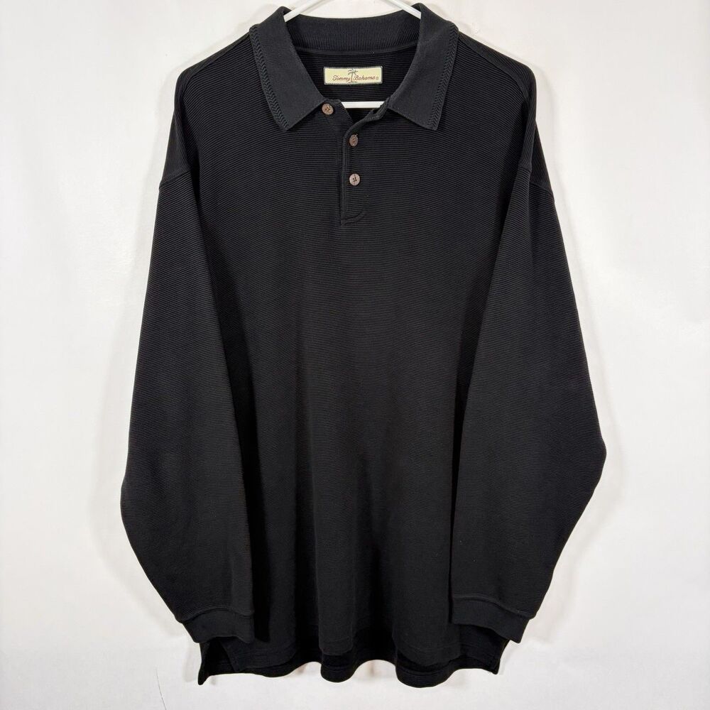 Tommy Bahama Long Sleeve Sweater Polo Mens Size XL Black Ribbed Knit Collared